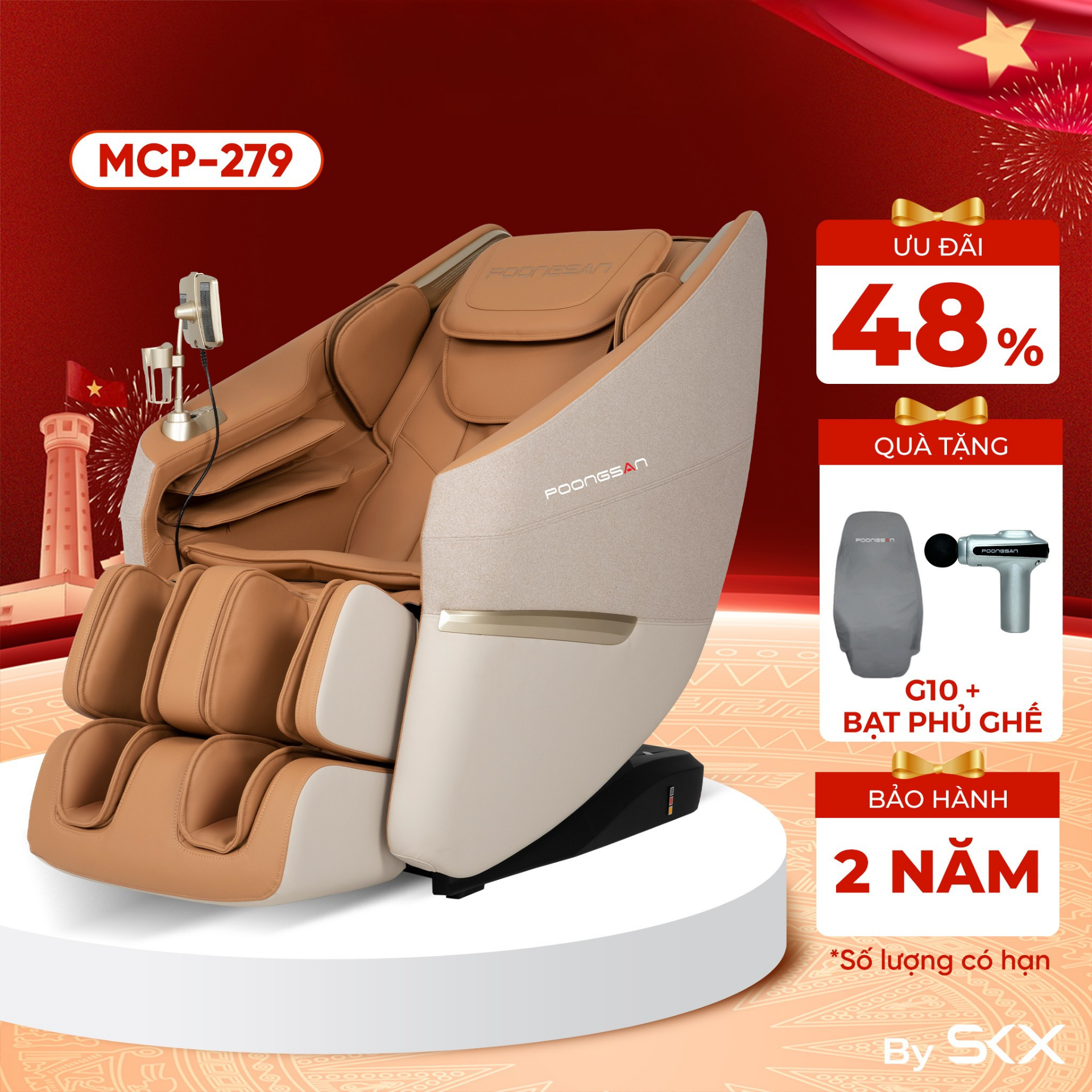 Ghế massage Poongsan MCP-279 với 28 t&uacute;i kh&iacute; v&agrave; 3 tư thế Zero Gravity